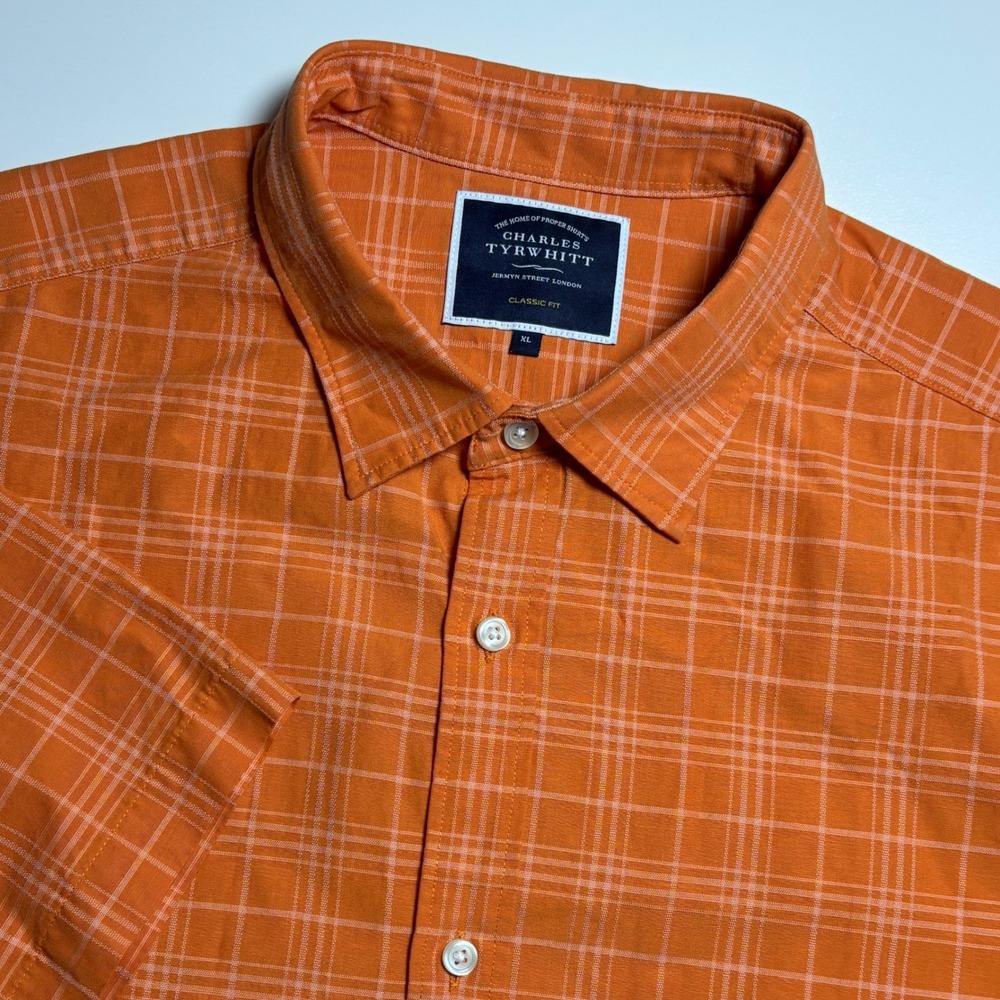 Charles‎ Tyrwhitt Orange Plaid Mens XL Short Sleeve Button Down Cotton Shirt